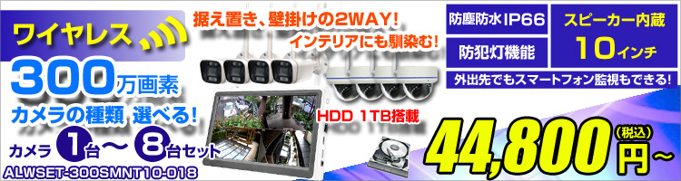 10インチモニター一体型録画機付 ワイヤレス防犯カメラセット ALWSET-300SMNT10-018